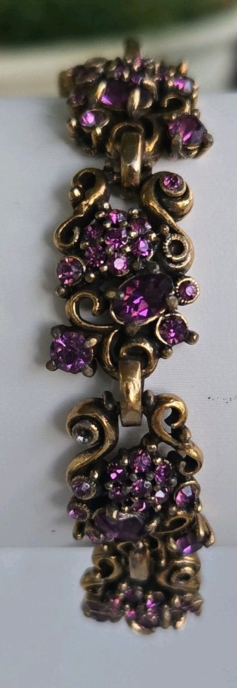 VTG Hollycraft Amethyst Purple Rhinestone Bracelet Gold Tone Signed 1950s