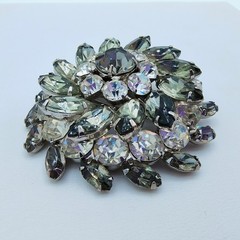 Vintage Smoky Gray Rhinestone Flower Burst Brooch Hollywood Regency Glamour