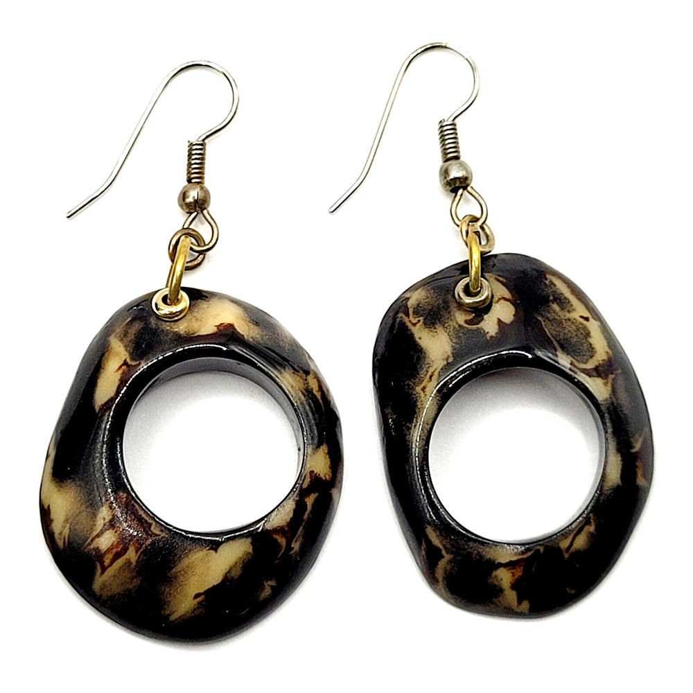 Acrylic Faux Dark Shell Irregular Circle Dangle Hoop Hook Style Pierced Earrings