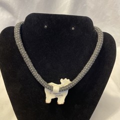 Vintage Flying Colors Ceramic Cow Pendant Statement Necklace 30 in Spotted Cord