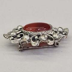 Vintage Carnelian Brooch Orange Stone Silver Tone Scrollwork Oval 1 5/8″