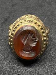 Rare Ancient Bronze Ring Carved Red Agate Eastern King Antique Size 8 US