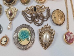 Vintage Estate Jewelry Lot Brooches Ring Locket Pendant Cameo Victorian Style