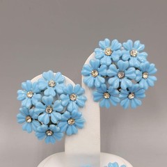 Vintage Blue Flower Brooch and Clip on Earring Set Rhinestone Plastic