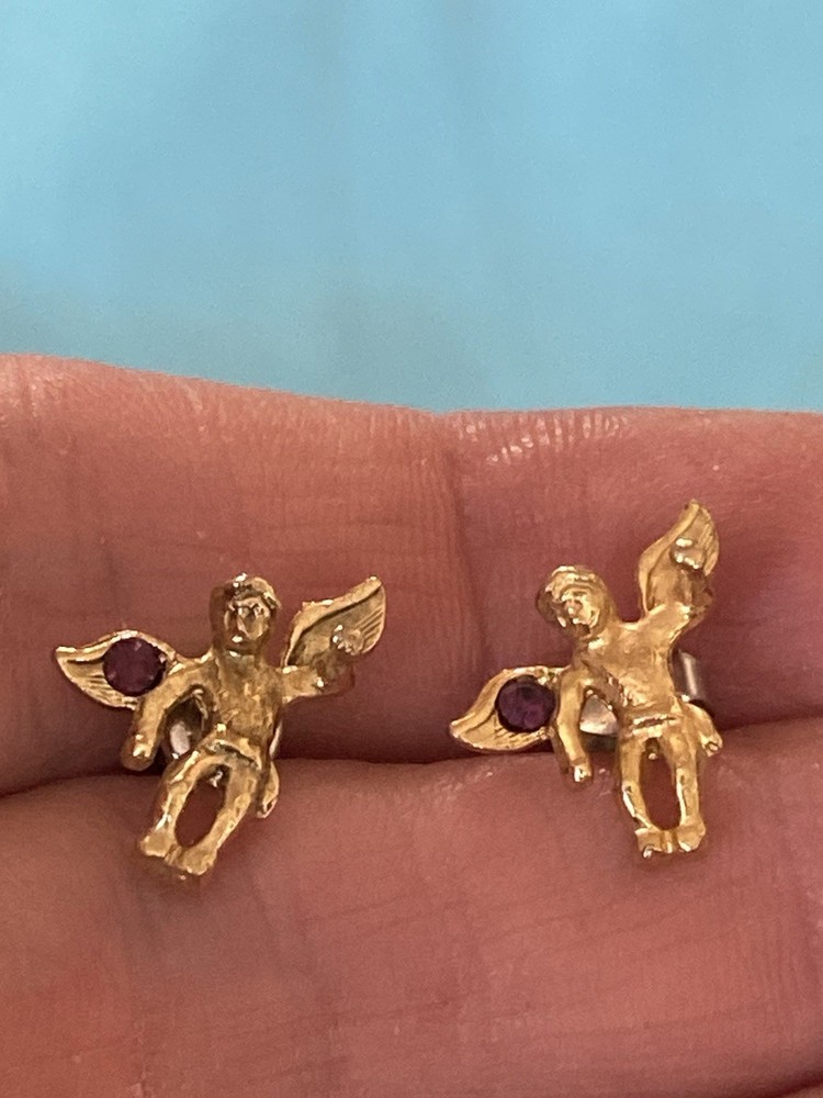 Vintage Gold Tone/Purple Crystals Angel Earrings