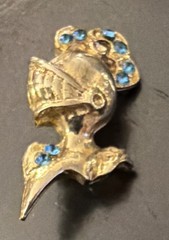 Vintage Knight Gold Tone Metal With Blue Stones Helmet Brooch Pin 1.75 in