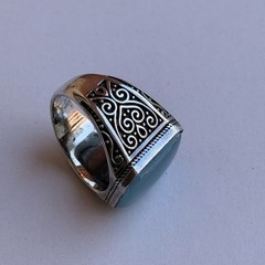 Ancient Vintage Victorian Sterling Silver Ring Engraved Aquamarine Stone Size9.5