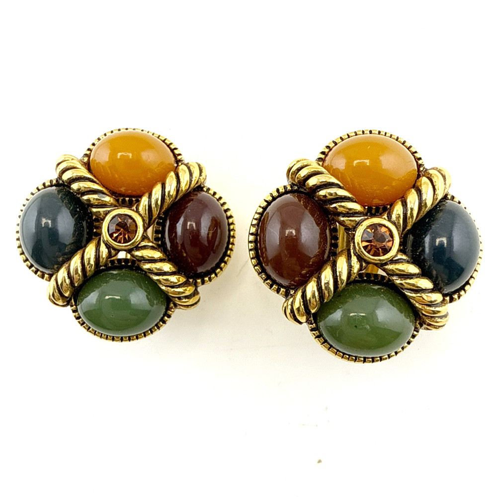 Vintage Joan Rivers Earrings Cable Multi Gem Cabochon Imitation Jade CLIP ON
