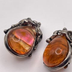 Vintage Brutalist Amber & Iridescent Aurora Borealis Resin Clip Earring Set 4pc