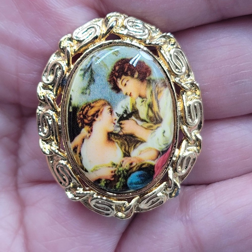 Vintage Scarf Slide Victorian Couple Gold tone 1.5 in
