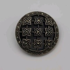 Vintage Art Deco Markasite Round Geometric Domed Sterling Silver 925 Brooch Pin