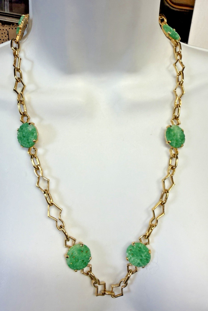 Vintage Necklace Green Asian Carved Station Glass Goldtone Chain 26in