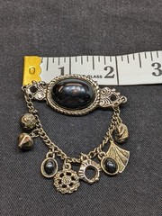 Vtg Victorian Revival Dangle Charm Brooch Black Cabochon Bronze Tone Emo Gothic
