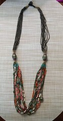 Vintage Tibet/Nepal Inlaid Turquoise Coral Brass Beaded Necklace Multi-Strand