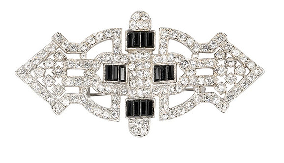 12.05CT Cubic Zirconia Pave Art Deco Brooch With Onyx Baguettes In 935 Silver