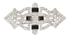 12.05CT Cubic Zirconia Pave Art Deco Brooch With Onyx Baguettes In 935 Silver