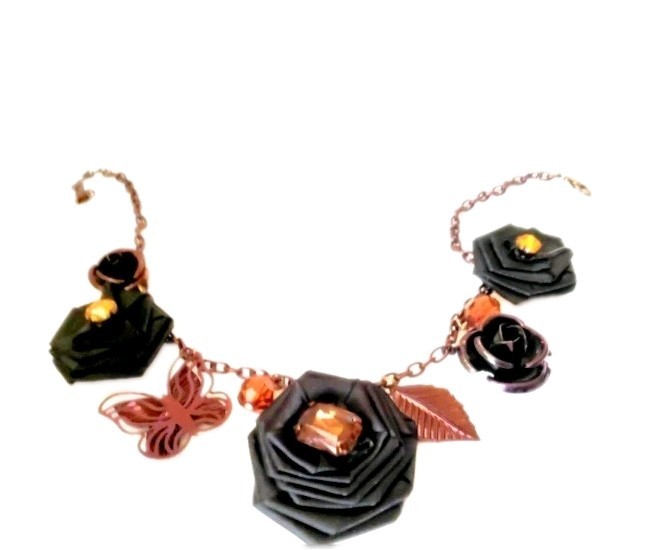 Women’s Vintage Black Silk Rose Metal Rose Copper Butterfly Leaf Necklace