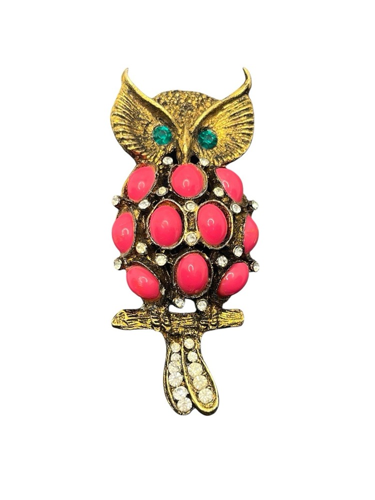 Owl bird pink cabochon green & clear rhinestone gold tone brooch pin vintage