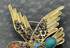 VTG Hummingbird Brooch Vermeil 925 Sterling Silver Turquoise Coral Blue Enamel