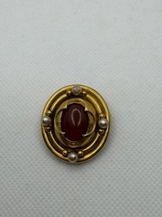 Vtg Signed MMA Egyptian Revival Gold Tone, Pearl Bead & Carnelian Brooch Pin