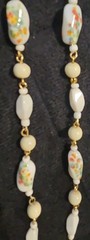 Vtg Painted White Glass Bead Necklace Floral Design Summer Estate Jewelry 22in