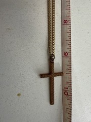 Gold Tone Textured Cross Charm Pendant Necklace Curb Chain Lobster 18in