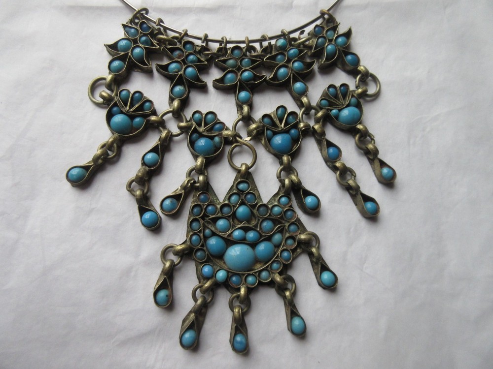 Tribal Choker BIB Style Turquoise glass stones Dangles Brass on Silver Necklace