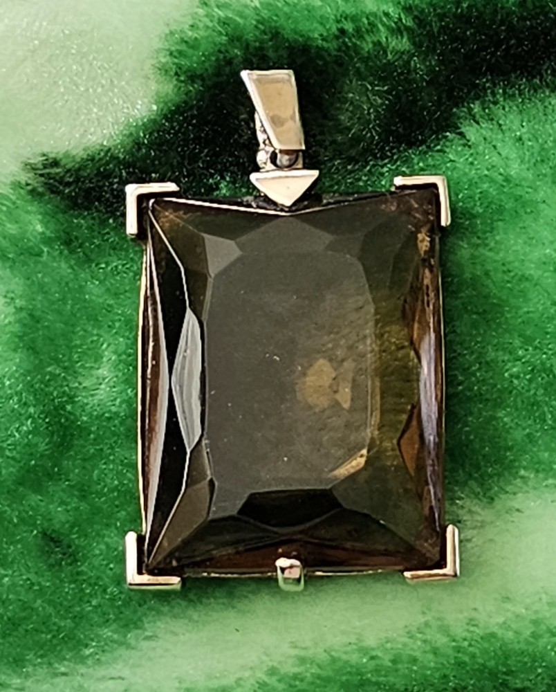 Vintage Mid-Century Rectangular Faceted Glass Pendant Gold Tone Frame 2 Inch