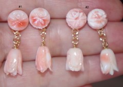 ANTIQUE 14K GOLD ANGEL SKIN CORAL CARVED ROSE STUD DROP EARRINGS Made To Order