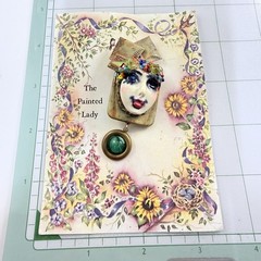 Vintage 1980s THE PAINTED LADY One of Kind Artisan Designer Brooch On Org Card