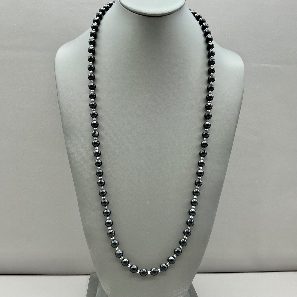 Monet Necklace Womens Black Silver tone Vintage Beaded Strand Classic 26 Inch