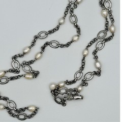 Vintage Baroque Pearl Opera Length Necklace Silver Tone Station Chain 45 in 50g