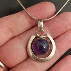 Sterling Silver Minimalist Necklace Modernist Solid Purple Stone Men Women VTG