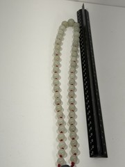 Vintage Chinese Red Knot Celadon Jade Bead Necklace 24” W/ Silver Clasp
