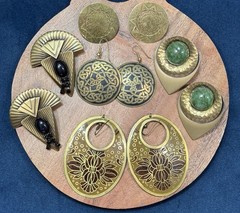 Vintage Brass Tone Statement Earrings Jewelry Lot 5 PR Pierced Black Green LG