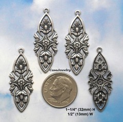 #0189 ANTIQUED STERLING S/P ART NOUVEAU DROP W/TOP HANG RING – 4 Pc Lot