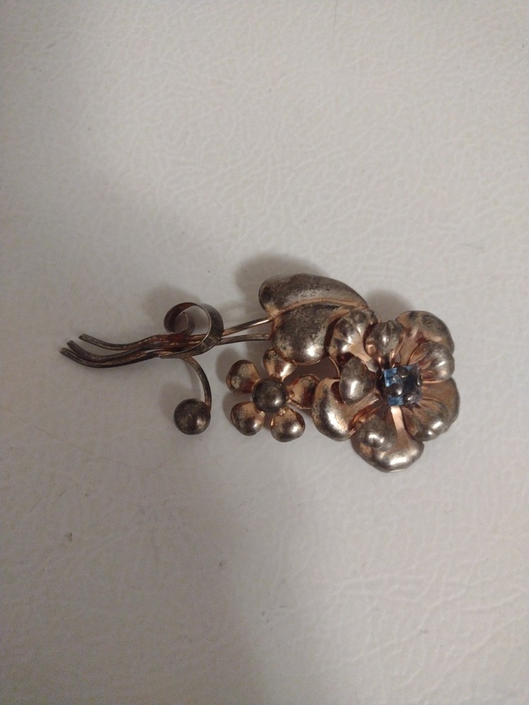Vintage 195Os Sterling Silver Vermeil AT Rhinestone Flower Brooch Pin 4″ 17.3g