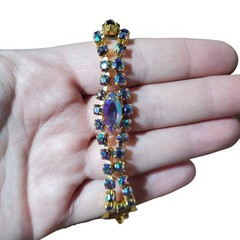 Vintage Gold Tone AB Aurora Borealis Rhinestone Bracelet Unsigned Costume
