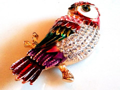 ENAMELED OWL BROOCH!Figural Bird Motif Pin.Pink & Clear Crystals.Gold Tone Set.