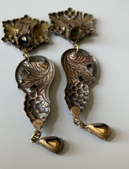 Vintage Grape Clips Earrings By Banana Bob Brass Alloy Enamel Crystals Dangling