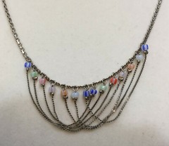 Necklace Collar Choker Bib Overlapping Chains Colorful Beads Silver Tone Metal