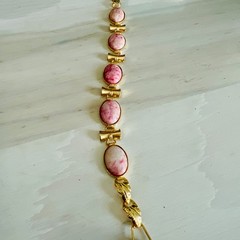 Vintage Gold Tone Mottled Pink Confetti Cabochon Link Bracelet Retro Mid Century
