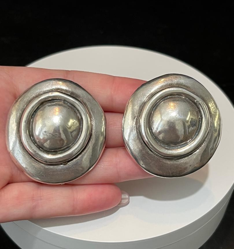 Vitg. 80s Huge RUNWAY 925 Sterling Silver Modernist Brutalist Clip On Earrings