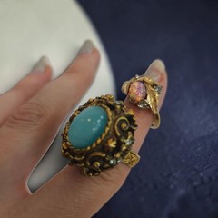 Vintage Gold Tone Cocktail Ring Set Teal, Faux Opal Sarah Coventry & Fire Flower