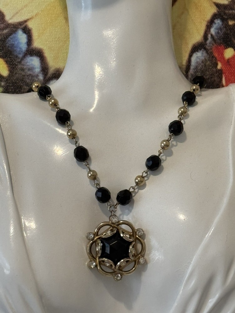 Vintage Coro Black Faceted Glass Bead Rhinestone Pendant Necklace Signed
