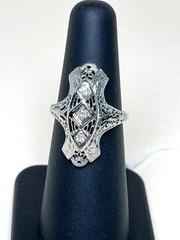 Stunning 3 Diamond Filigree Antique Art Deco Size 6.25 in White Gold
