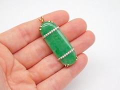 CHINESE EXPORT 14K YELLOW GOLD GREEN JADE DIAMOND STONE PENDANT