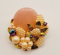 Flower brooch Pink Rhinestone Baby Faux Pearl Crystal AB Gold tone Vintage Pin