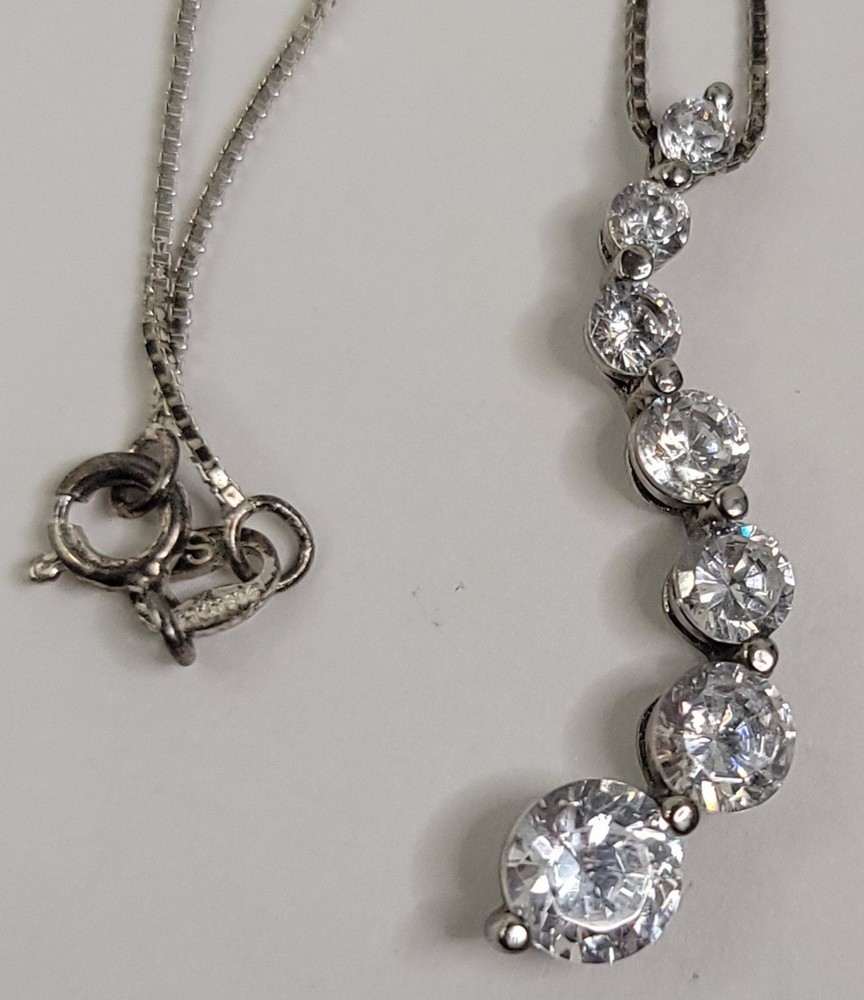 Signed S Sterling 925 Italy Cubic Zircon CZ 1.75” Journey Pendant 18” Necklace