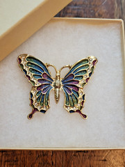 Vintage Butterfly Brooch features a Gold Tone Base w/ Enamel- Blue Green Purple